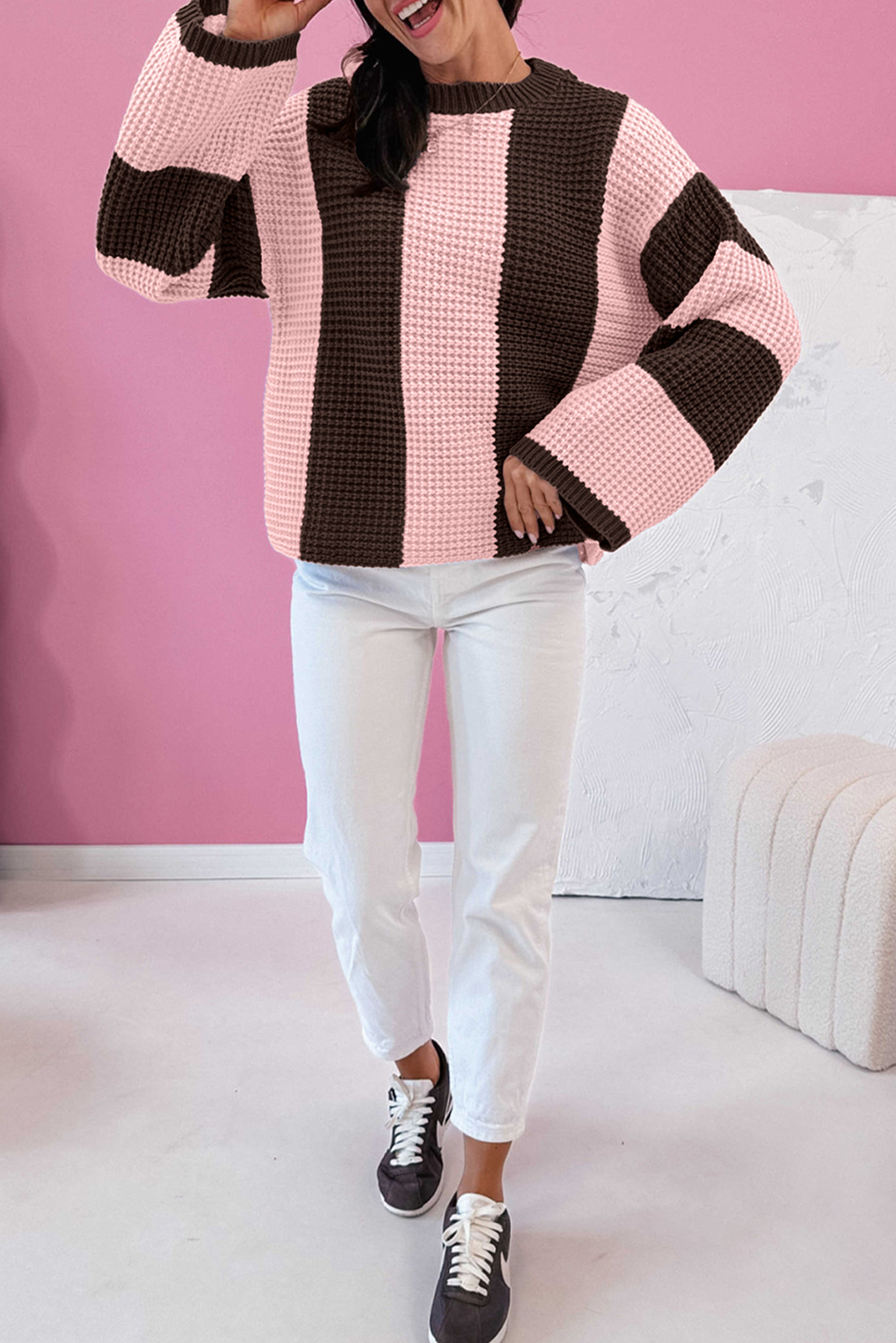 Cozy Drop Shoulder Thermal Knit Sweater for Women – Striped Autumn Style - Detail View 5 Cozy Drop Shoulder Thermal Knit Sweater for Women – Striped Autumn Style - Detail View 5