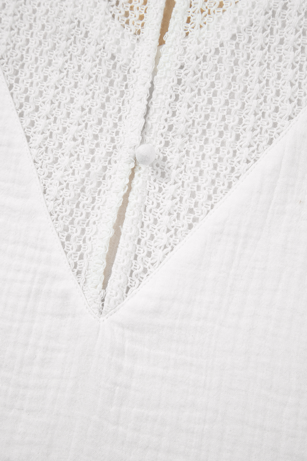 Women's T-Shirt, White Lace, Crochet Detail, V Neck, Button Back, Casual Style, Vacation Wear, Summer Fashion, Textured Fabric, Elegant Design, Short Sleeve, Cotton, Tops & Tees - Detail View 12 Women's T-Shirt, White Lace, Crochet Detail, V Neck, Button Back, Casual Style, Vacation Wear, Summer Fashion, Textured Fabric, Elegant Design, Short Sleeve, Cotton, Tops & Tees - Detail View 12
