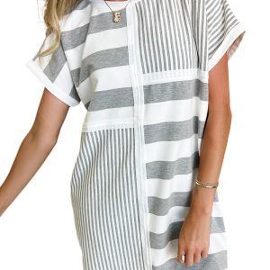 Women's Gray Stripe Mixed Printed Short Sleeve Shift Mini T-Shirt Dress - Main View