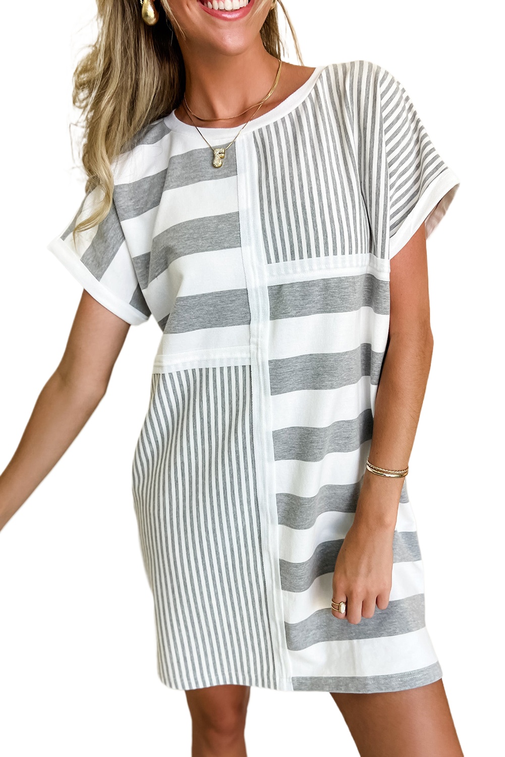 Women's Gray Stripe Mixed Printed Short Sleeve Shift Mini T-Shirt Dress - Main View Women's Gray Stripe Mixed Printed Short Sleeve Shift Mini T-Shirt Dress - Main View