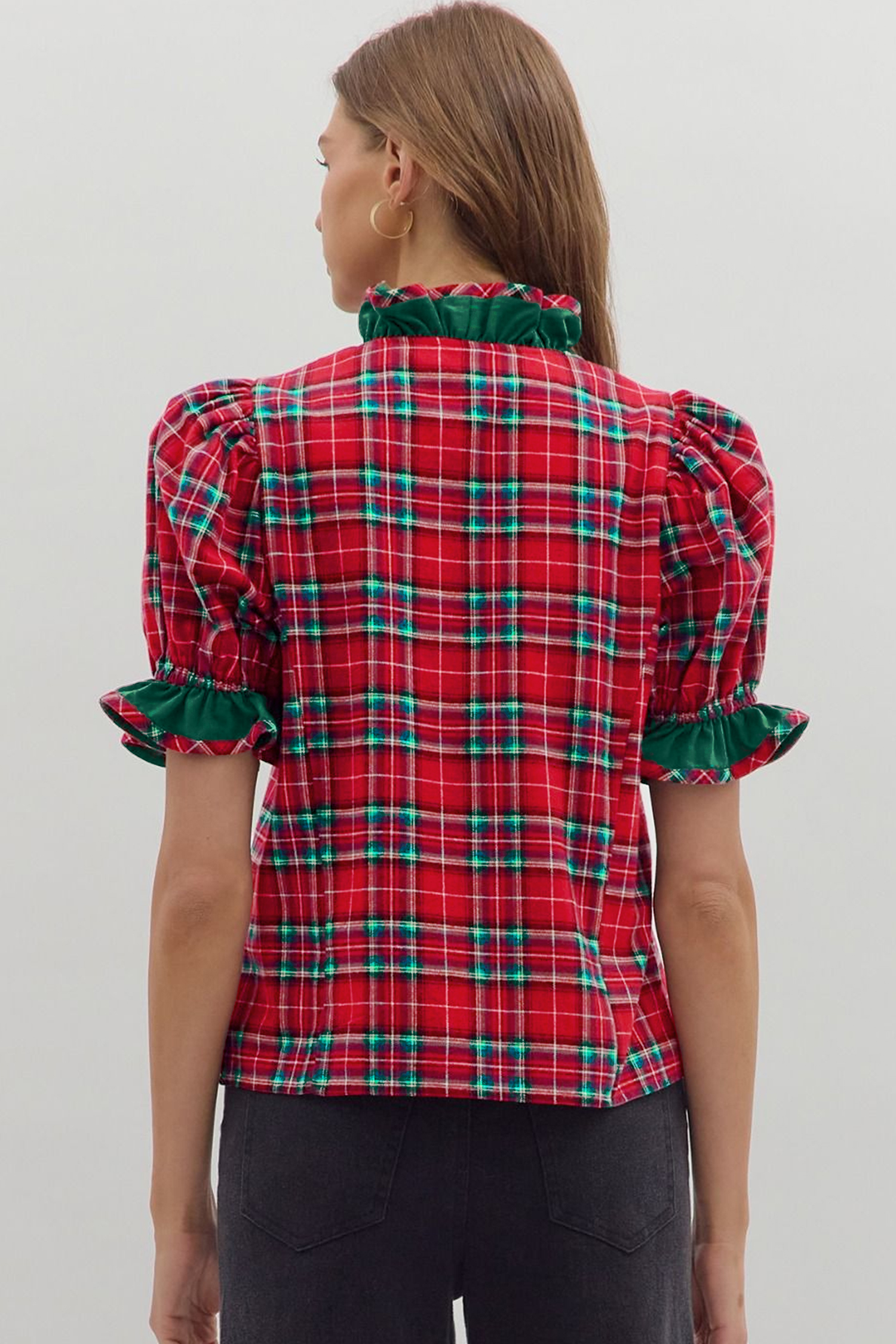 Country Style Plaid Shirt, Women's Red Christmas Day Blouse - Detail View 3 Country Style Plaid Shirt, Women's Red Christmas Day Blouse - Detail View 3