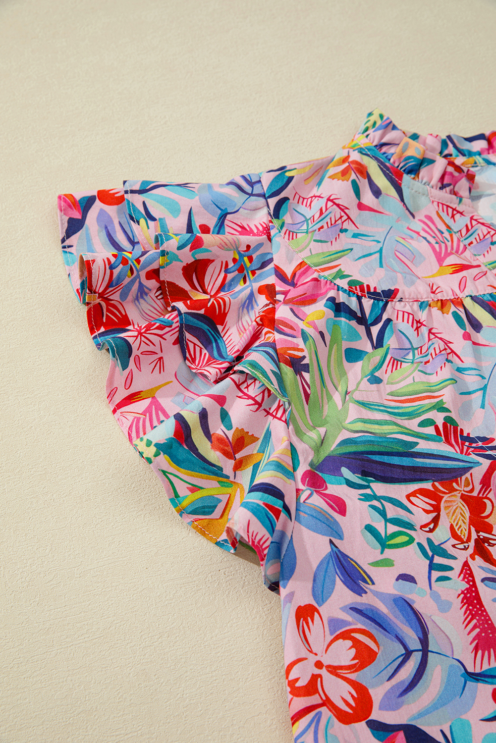 Women's Pink Tropical Floral Print Blouse – Ruffled Short Sleeve Top for Summer Outings - Detail View 7 Women's Pink Tropical Floral Print Blouse – Ruffled Short Sleeve Top for Summer Outings - Detail View 7