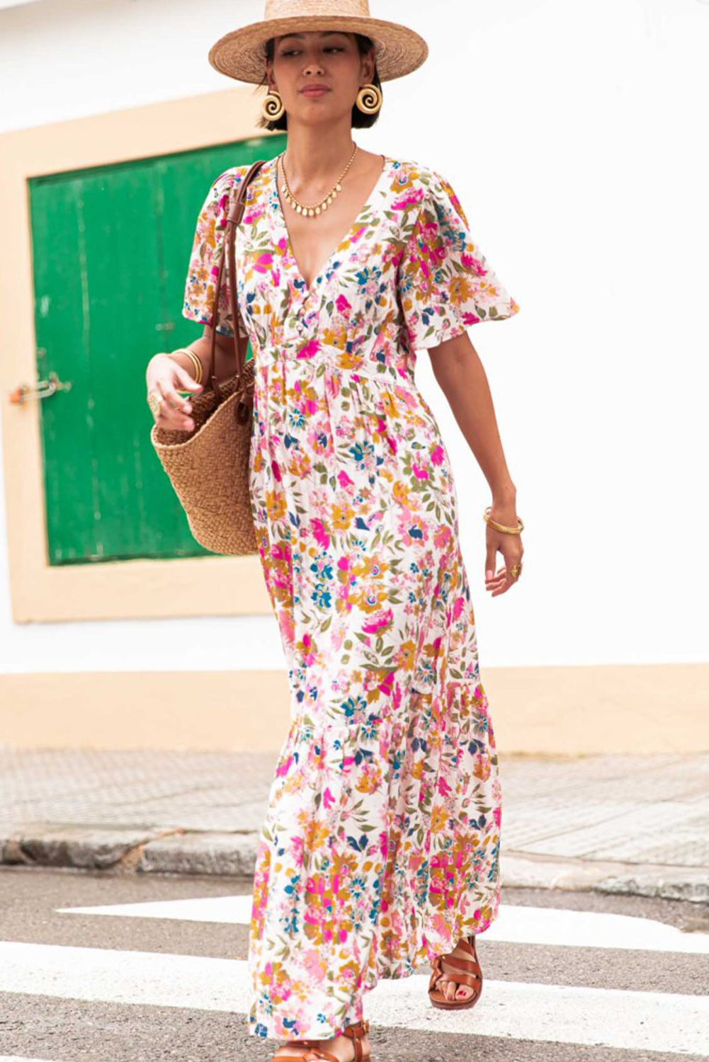 Women's Maxi Dress, Red Floral Dress, Short Sleeve, V Neck, High Waist, A-Line Silhouette, Summer Fashion, Elegant Dress, Feminine Style, Trendy Outfit, Vacation Wear, Wedding Guest Dress - Detail View 16 Women's Maxi Dress, Red Floral Dress, Short Sleeve, V Neck, High Waist, A-Line Silhouette, Summer Fashion, Elegant Dress, Feminine Style, Trendy Outfit, Vacation Wear, Wedding Guest Dress - Detail View 16