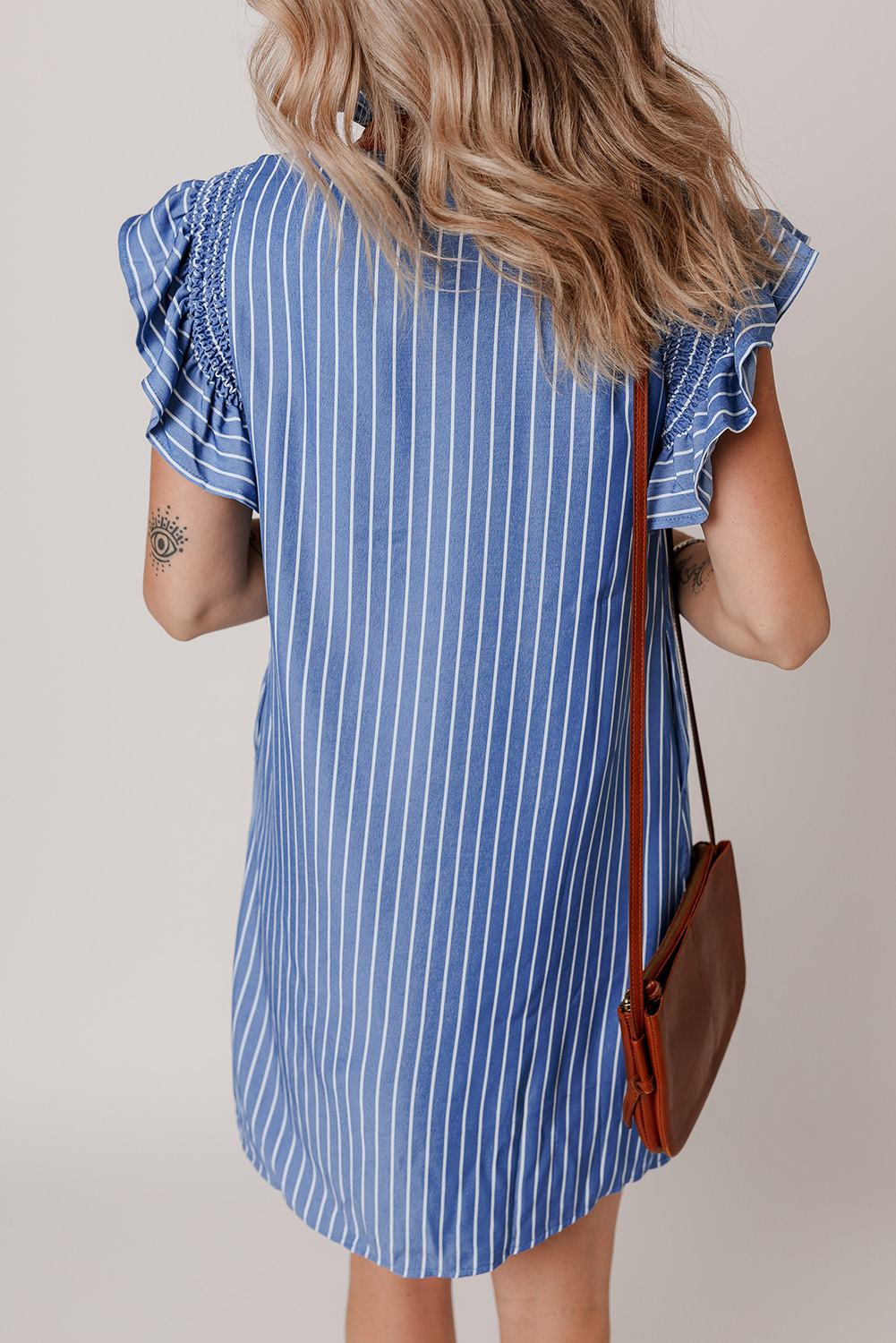 Playful Sky Blue Striped Short Dress with Ruffled Sleeves and Faux Leather Neck Trim - Detail View 2 Playful Sky Blue Striped Short Dress with Ruffled Sleeves and Faux Leather Neck Trim - Detail View 2