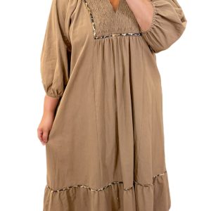 Women's Chestnut Smocked V Neck Leopard Accent Long Dress – Casual Spring Style - Main View