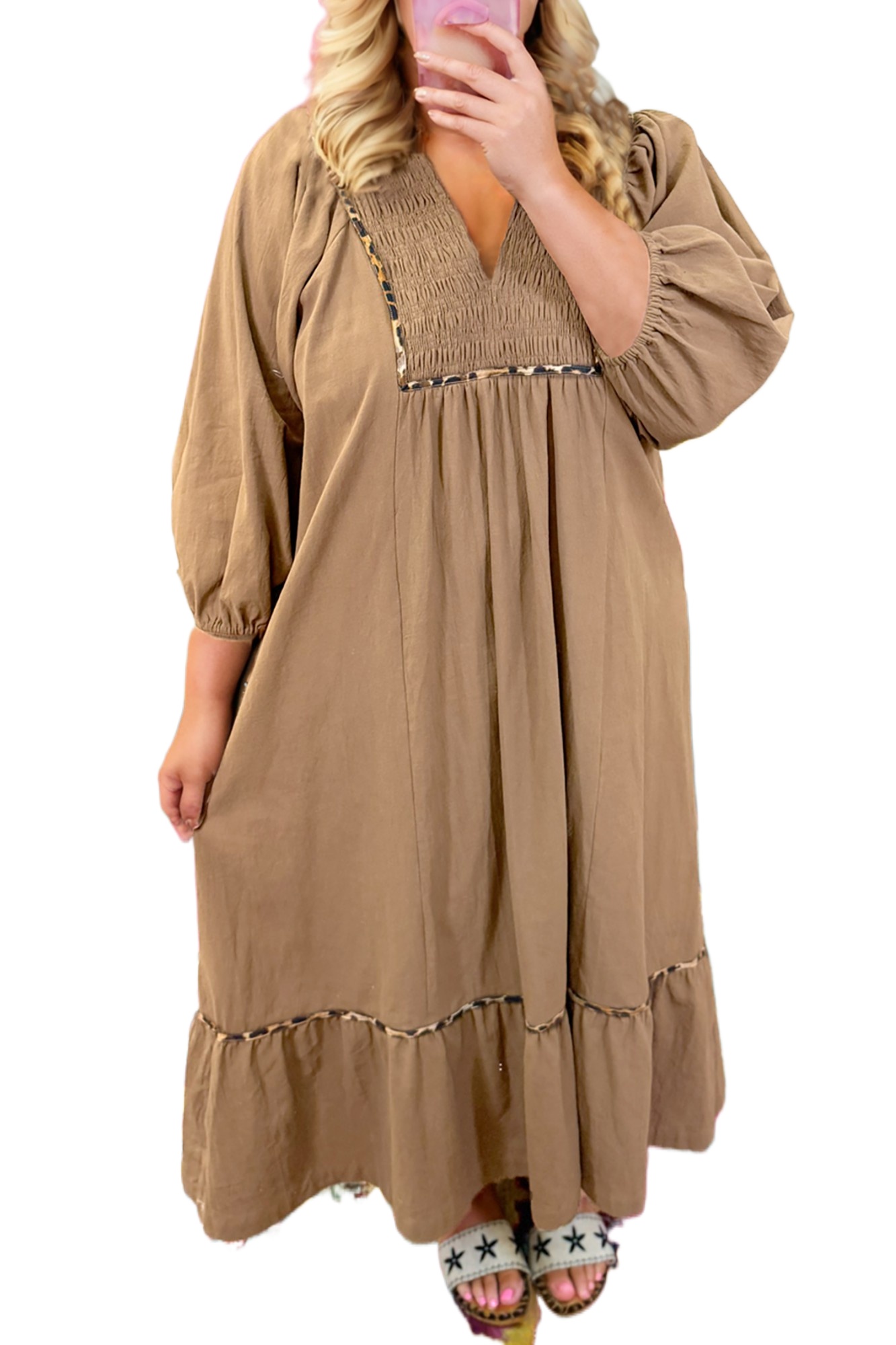 Women's Chestnut Smocked V Neck Leopard Accent Long Dress – Casual Spring Style - Main View Women's Chestnut Smocked V Neck Leopard Accent Long Dress – Casual Spring Style - Main View