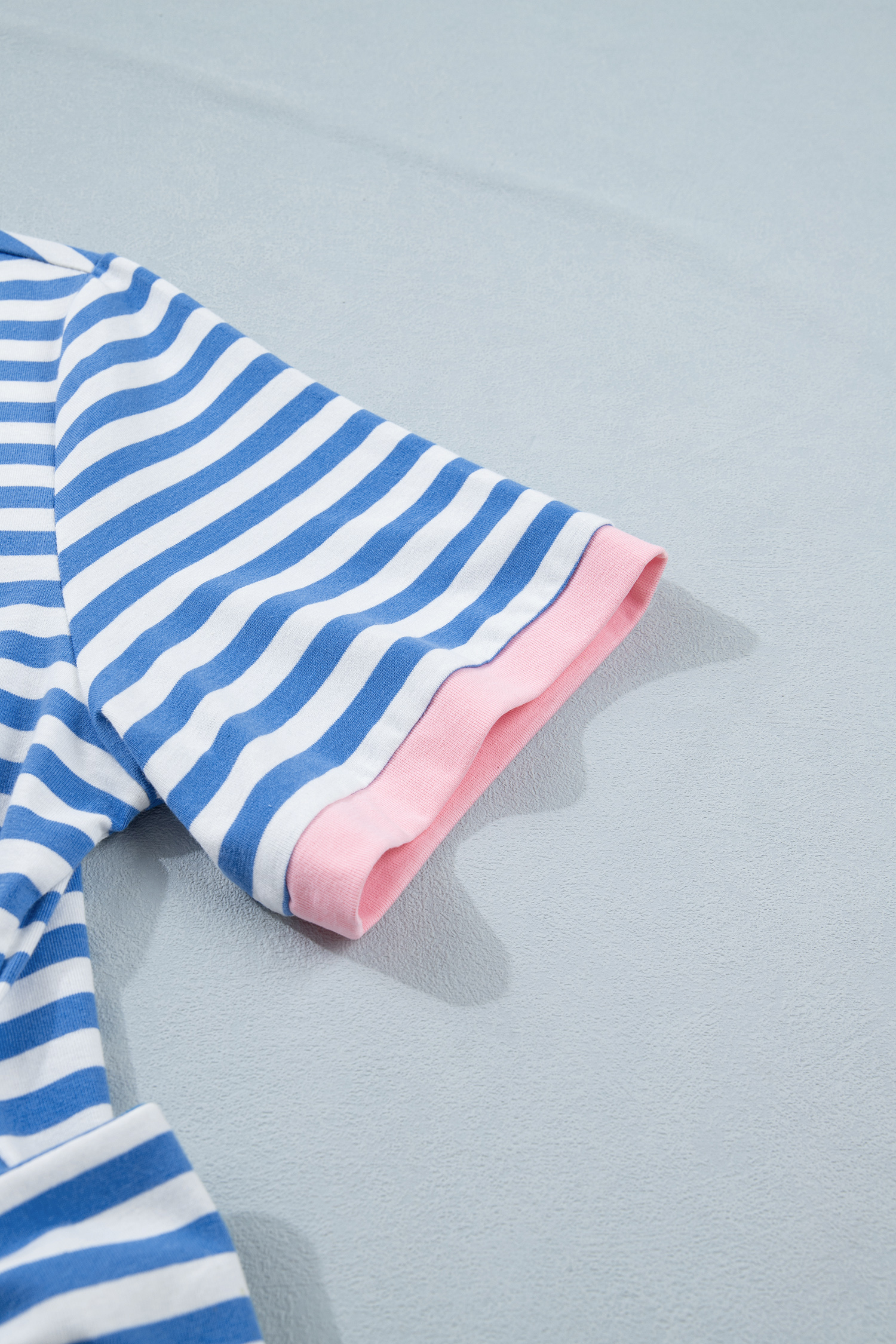Women's Sky Blue Striped T-Shirt Dress – Casual Short Sleeve Shift Dress with Knot Detail - Detail View 7 Women's Sky Blue Striped T-Shirt Dress – Casual Short Sleeve Shift Dress with Knot Detail - Detail View 7