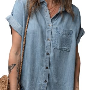 Women's Dusk Blue Folded Short Sleeve Denim Shirt with Patched Pocket - Main View