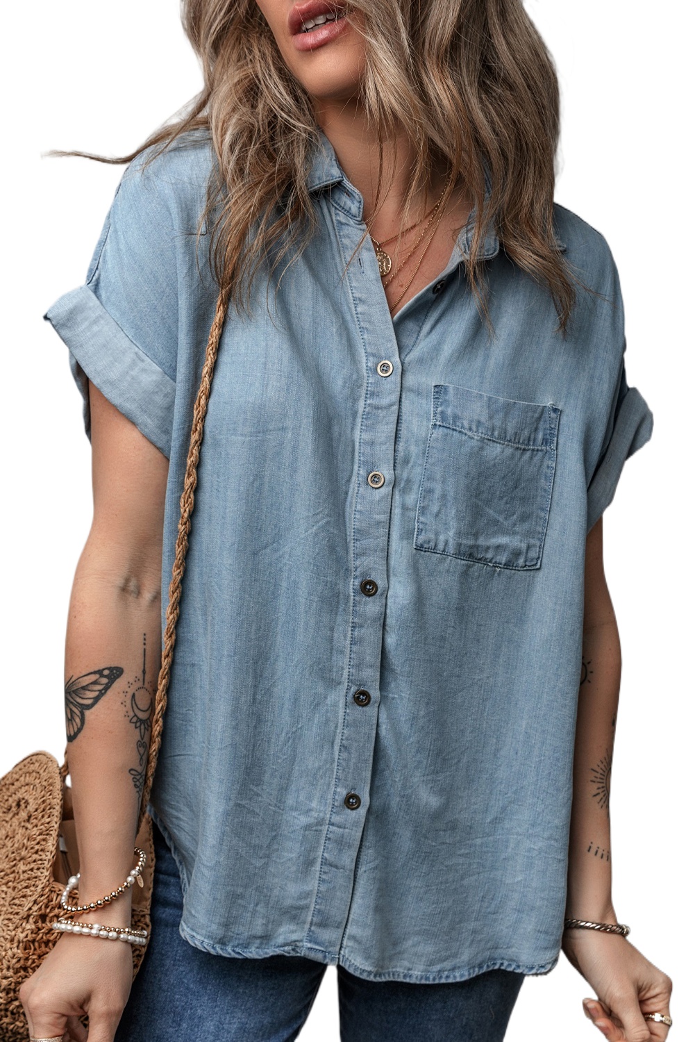 Women's Dusk Blue Folded Short Sleeve Denim Shirt with Patched Pocket - Main View Women's Dusk Blue Folded Short Sleeve Denim Shirt with Patched Pocket - Main View