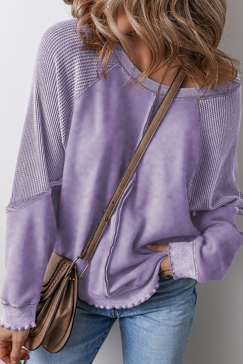 Stylish Orchid Petal Solid Waffle Knit Sweatshirt with Raglan Sleeves - Detail View 2 Stylish Orchid Petal Solid Waffle Knit Sweatshirt with Raglan Sleeves - Detail View 2