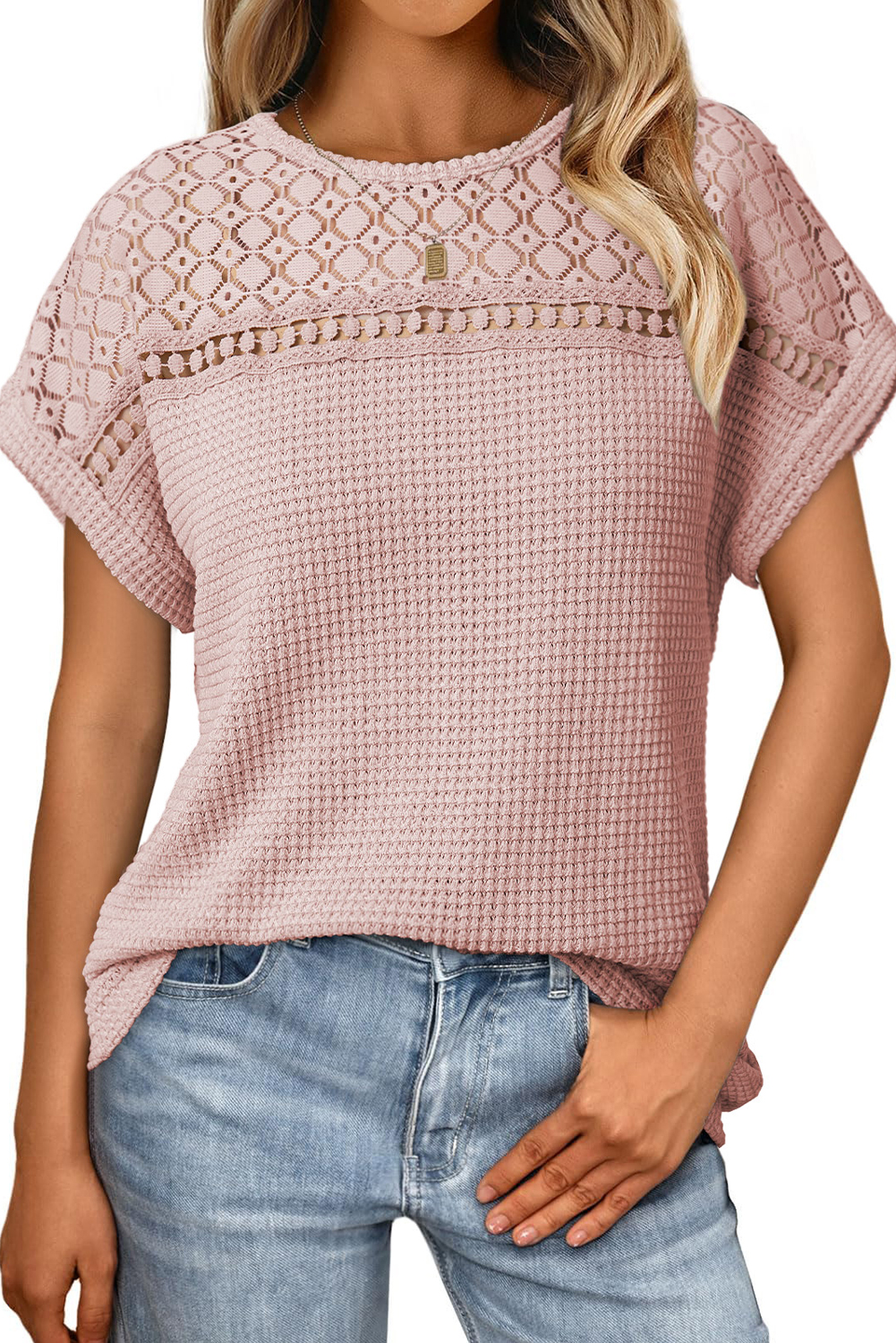 Elegant Women's Light Pink Lace Patchwork Waffle Short Sleeve Top - Detail View 9 Elegant Women's Light Pink Lace Patchwork Waffle Short Sleeve Top - Detail View 9