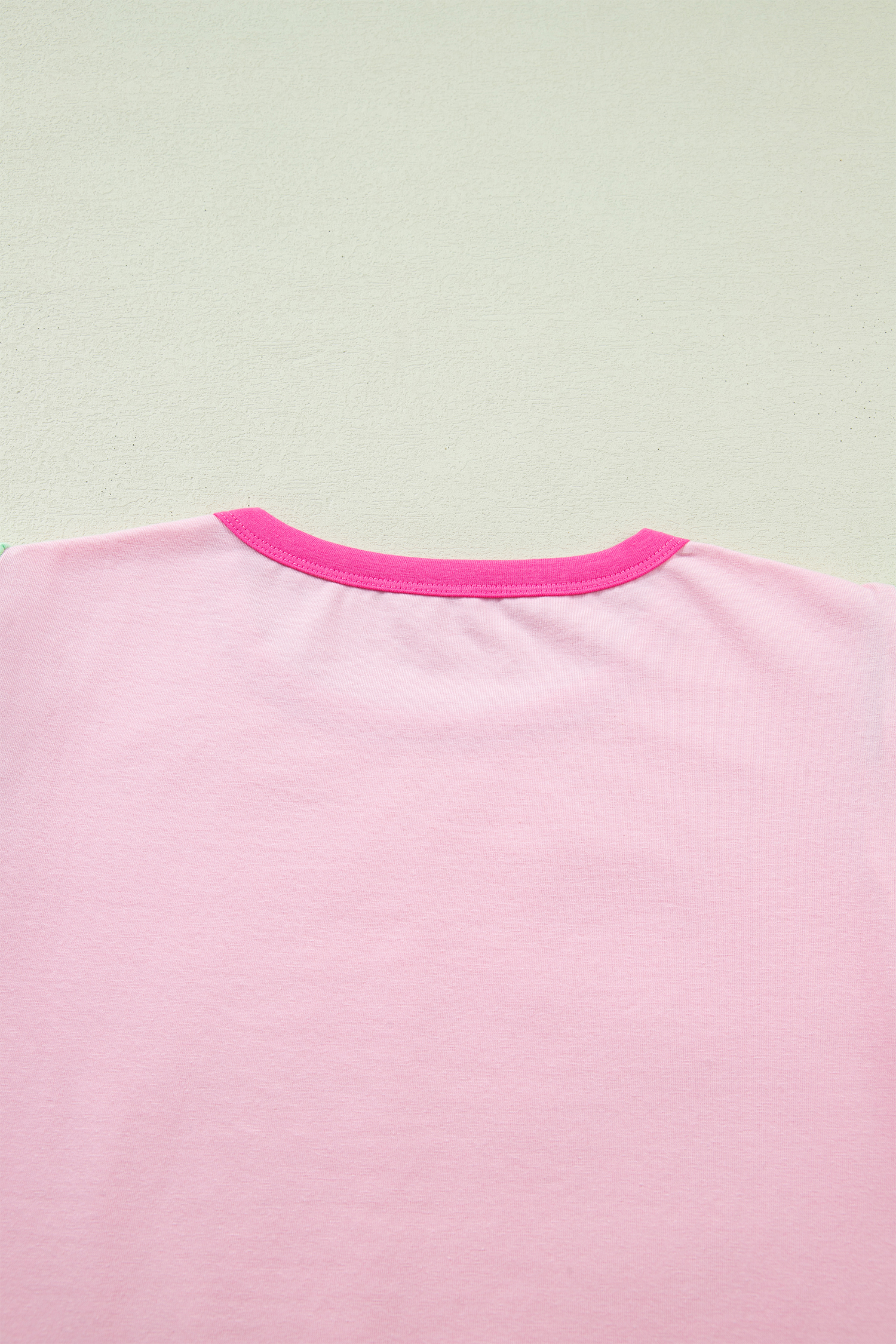 Summer Casual Pink Colorblock Tee – Women's Short Sleeve Round Neck Patchwork Shirt with Flutter Sleeves - Detail View 6 Summer Casual Pink Colorblock Tee – Women's Short Sleeve Round Neck Patchwork Shirt with Flutter Sleeves - Detail View 6