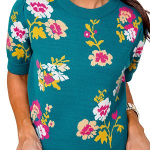 Women's Blue Floral Pattern Mock Neck Short Sleeve Knitted T-Shirt for Casual Fall Wear - Main View