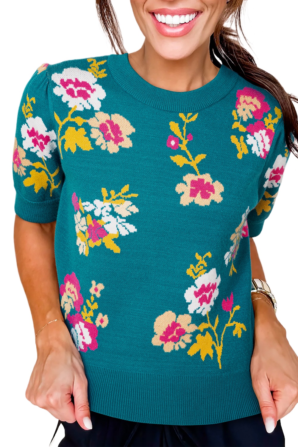 Women's Blue Floral Pattern Mock Neck Short Sleeve Knitted T-Shirt for Casual Fall Wear - Main View Women's Blue Floral Pattern Mock Neck Short Sleeve Knitted T-Shirt for Casual Fall Wear - Main View