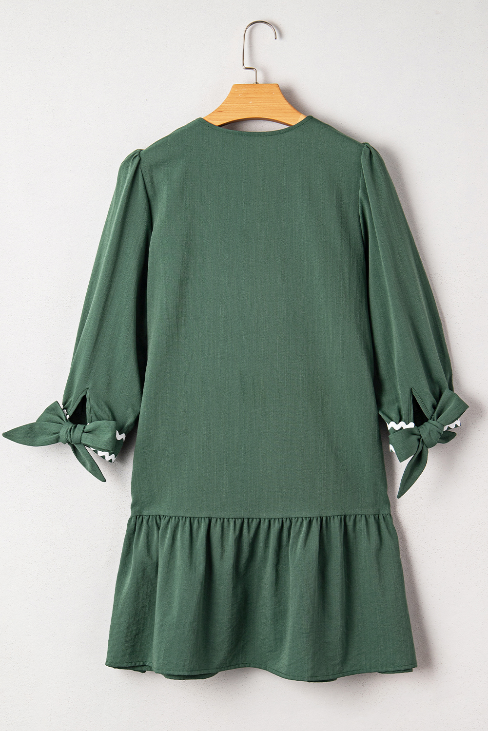 Canton Contrast Ricrac Trim Button V Neck Knotted Bracelet Sleeve Shift Dress for Women - Detail View 5 Canton Contrast Ricrac Trim Button V Neck Knotted Bracelet Sleeve Shift Dress for Women - Detail View 5
