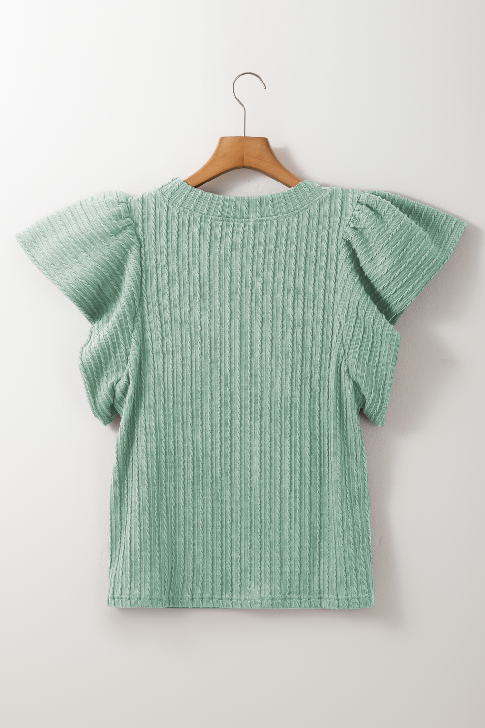 Women's Top, Moonlight Jade, Flutter Sleeve, Solid Color, Textured Knit, Daily Wear, Summer Fashion, Elegant Design, Comfortable Fit, Ruffle Detail, Casual Style, Blouses & Shirts, Shift Silhouette - Detail View 4 Women's Top, Moonlight Jade, Flutter Sleeve, Solid Color, Textured Knit, Daily Wear, Summer Fashion, Elegant Design, Comfortable Fit, Ruffle Detail, Casual Style, Blouses & Shirts, Shift Silhouette - Detail View 4