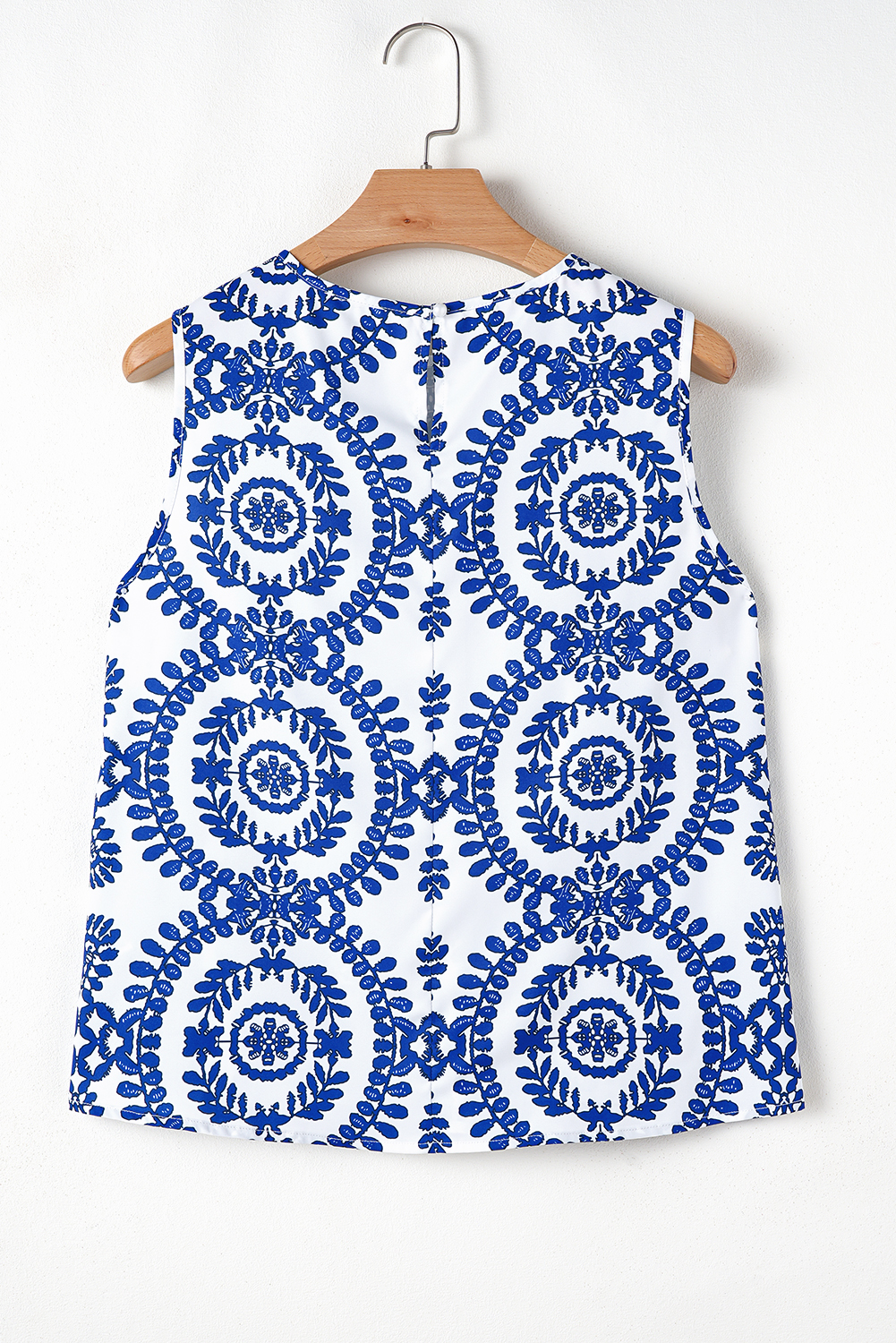 Women's Blue Vintage Print Pintuck Crew Neck Tank Top - Bohemian Style - Detail View 9 Women's Blue Vintage Print Pintuck Crew Neck Tank Top - Bohemian Style - Detail View 9