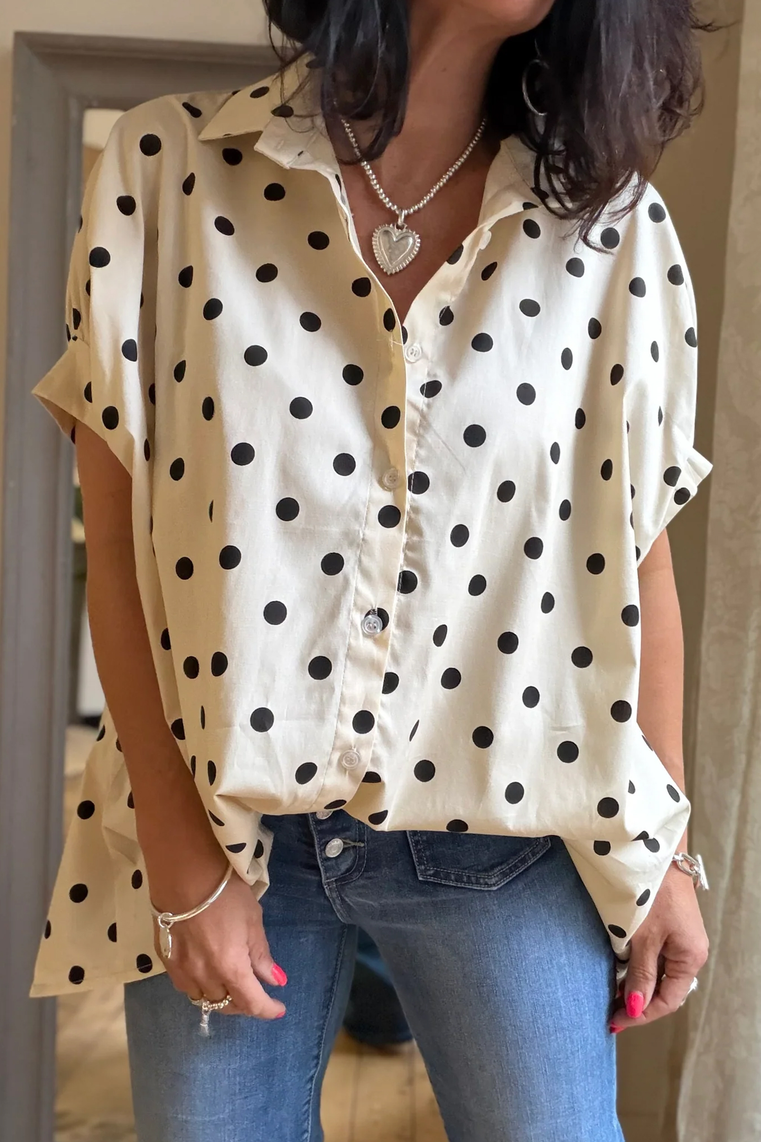 Classic Polka Dot Button-Up Shirt – Short Sleeve Casual Top - Detail View 3 Classic Polka Dot Button-Up Shirt – Short Sleeve Casual Top - Detail View 3