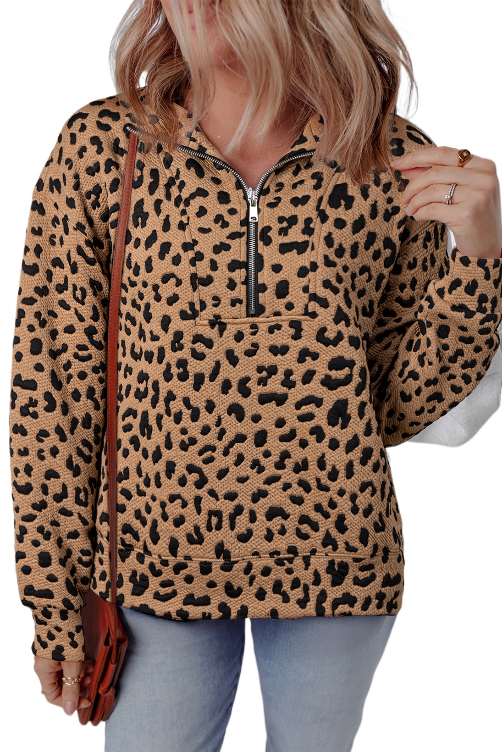 Stylish Long Sleeve V Neck Sweatshirt with All Over Leopard Print - Detail View 2 Stylish Long Sleeve V Neck Sweatshirt with All Over Leopard Print - Detail View 2
