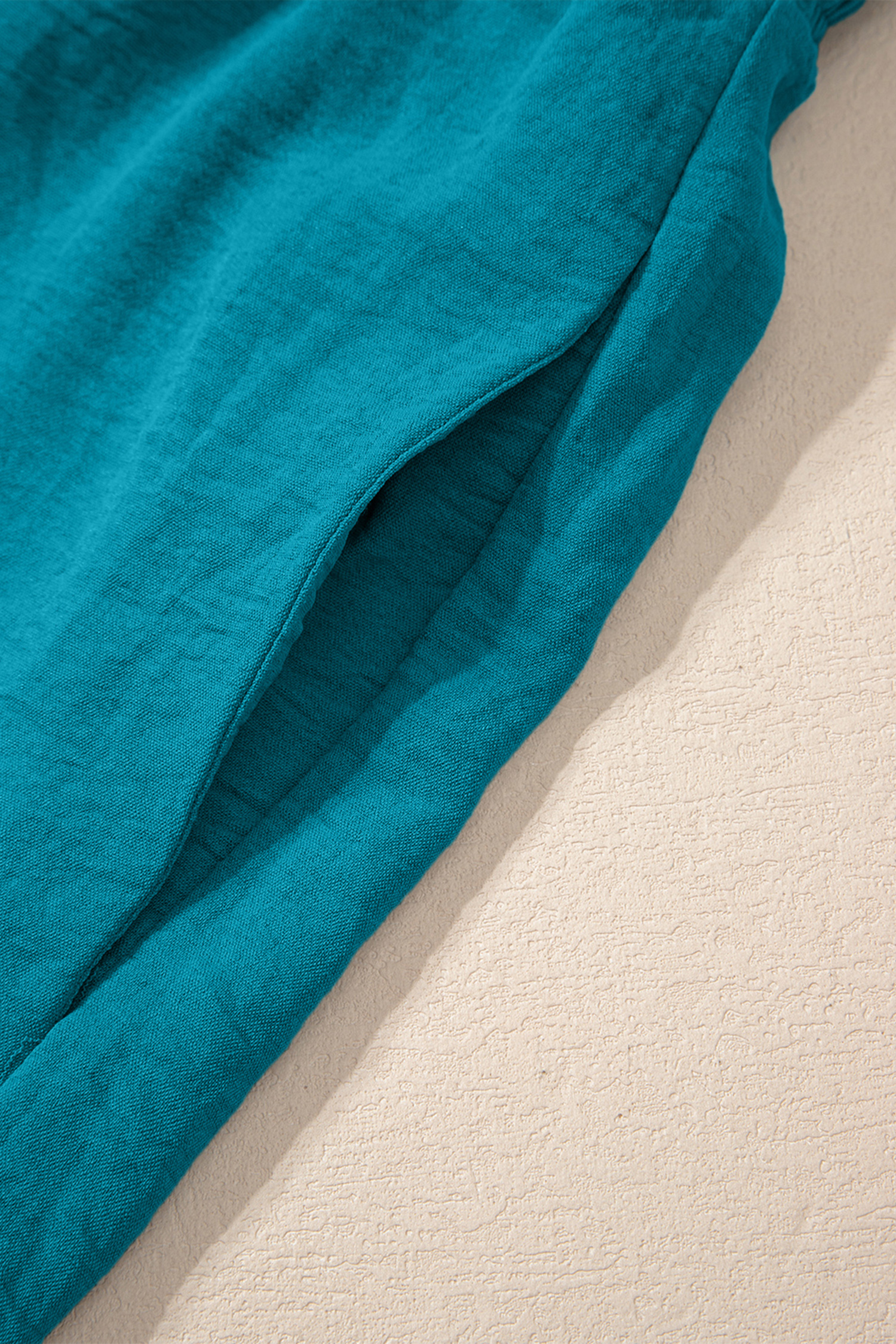 Women's Peacock Blue Smocked Jumpsuit – Square Neck Sleeveless One-Piece with Pockets, Casual Summer Outfit - Detail View 10 Women's Peacock Blue Smocked Jumpsuit – Square Neck Sleeveless One-Piece with Pockets, Casual Summer Outfit - Detail View 10