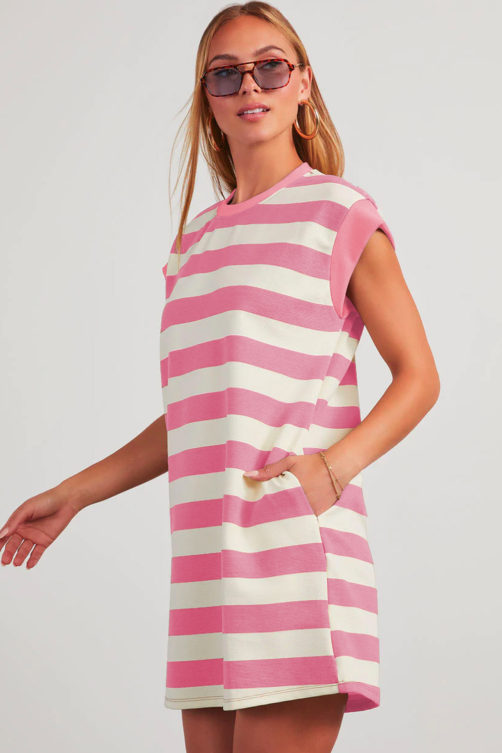 Summer Ready Pink Stripe Cap Sleeve Dress – Easygoing Shift Style for Women - Detail View 6 Summer Ready Pink Stripe Cap Sleeve Dress – Easygoing Shift Style for Women - Detail View 6