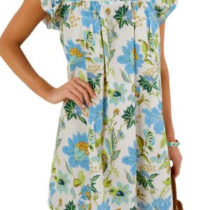 Women's Beige Floral V Neck Shift Mini Dress – Casual Summer Style with Triple Ruffle Sleeves - Main View