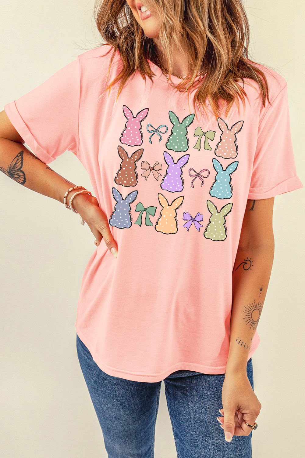 Women's T-Shirt, Pink Easter Tee, Bunny Print, Bow Design, Casual Style, Short Sleeve, Round Neck, Graphic Tees, Holiday Apparel, Spring Fashion, Festive Outfit, Cute Animal Pattern, Comfortable Fit, Daily Wear - Detail View 4 Women's T-Shirt, Pink Easter Tee, Bunny Print, Bow Design, Casual Style, Short Sleeve, Round Neck, Graphic Tees, Holiday Apparel, Spring Fashion, Festive Outfit, Cute Animal Pattern, Comfortable Fit, Daily Wear - Detail View 4