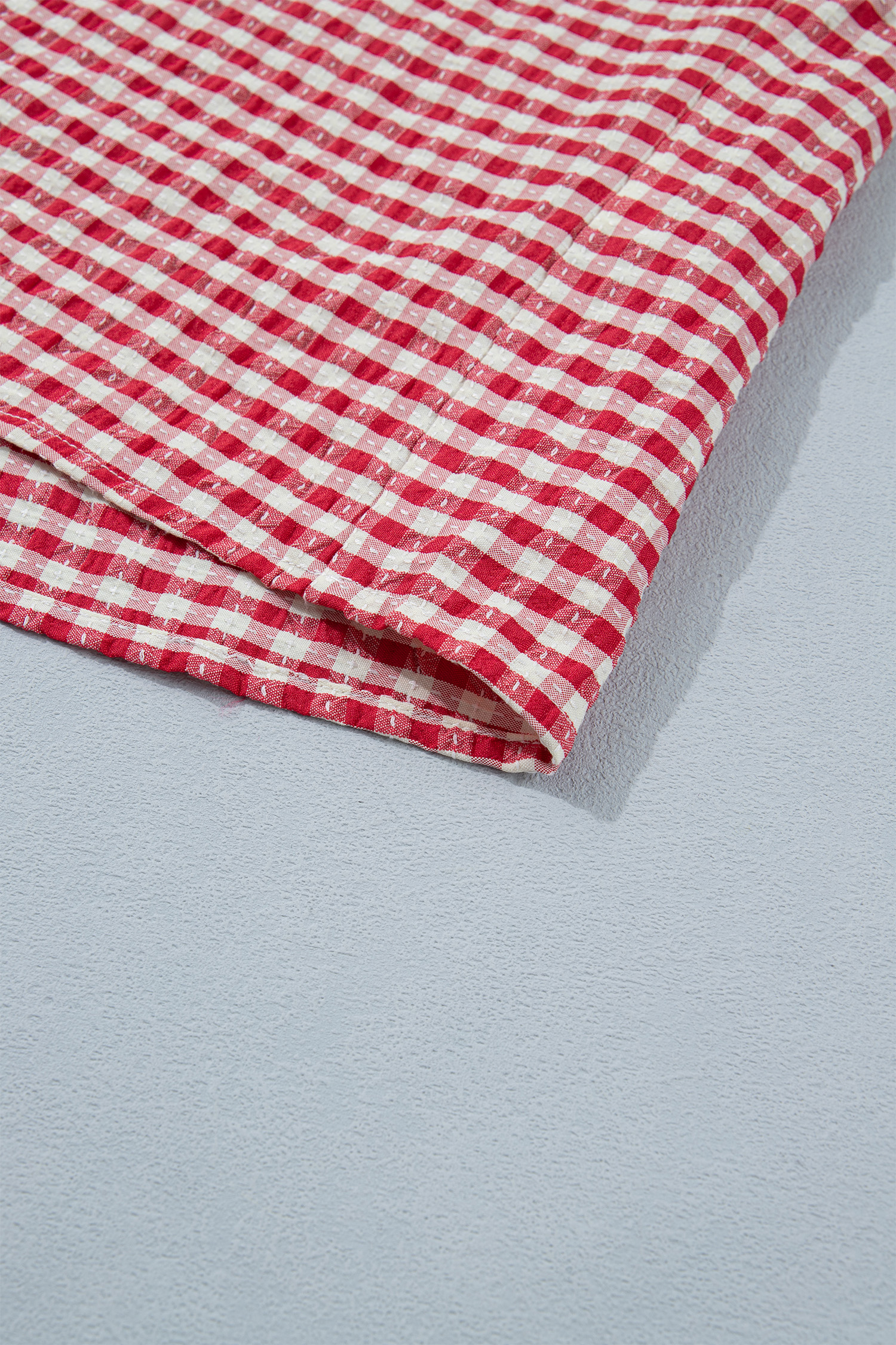 Chic Plaid Split Neck Blouse for Women – Red Short Sleeve Colorblock Top, Versatile Gift for Her - Detail View 9 Chic Plaid Split Neck Blouse for Women – Red Short Sleeve Colorblock Top, Versatile Gift for Her - Detail View 9