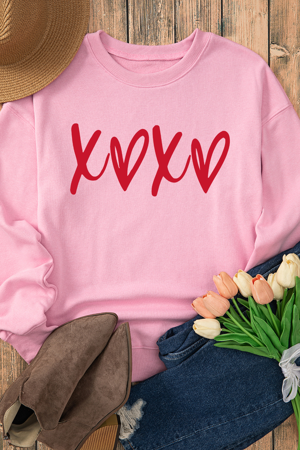 Casual Long Sleeve Pink Sweatshirt with Heart and XOXO Graphic - Perfect for Fall & Autumn - Detail View 6 Casual Long Sleeve Pink Sweatshirt with Heart and XOXO Graphic - Perfect for Fall & Autumn - Detail View 6