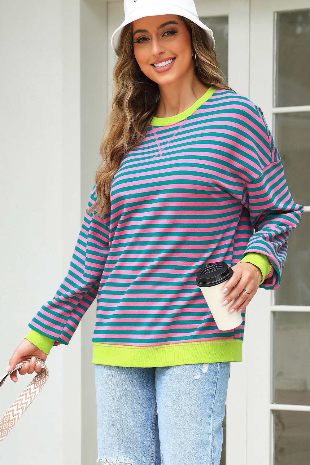 Women's Rose Stripe Contrast Ribbed Trim Drop Shoulder Sweatshirt - Casual Long Sleeve - Detail View 9 Women's Rose Stripe Contrast Ribbed Trim Drop Shoulder Sweatshirt - Casual Long Sleeve - Detail View 9