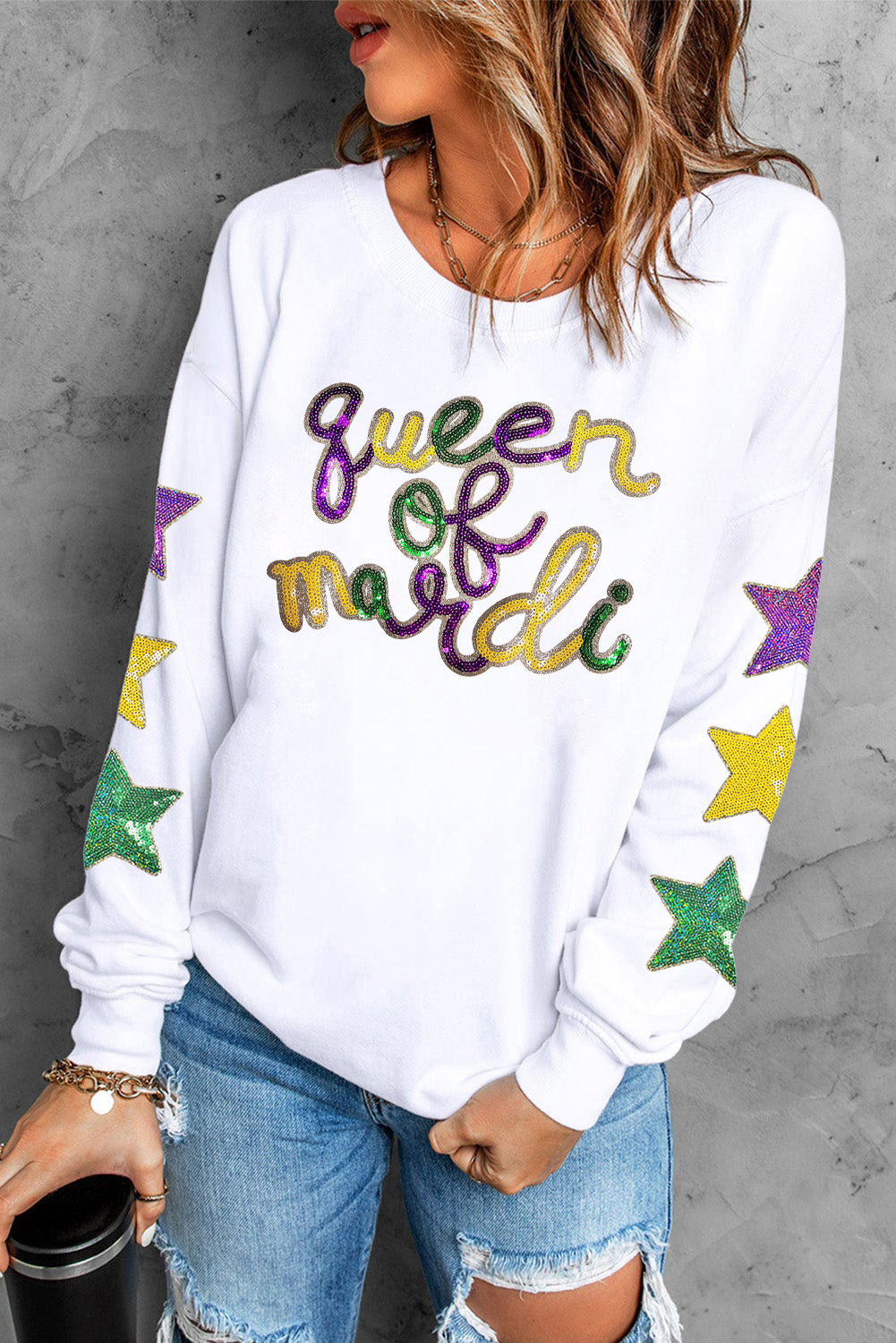 Trendy Round Neck Graphic Sweatshirt for Women - Perfect for Fall & Mardi Gras - Detail View 7 Trendy Round Neck Graphic Sweatshirt for Women - Perfect for Fall & Mardi Gras - Detail View 7