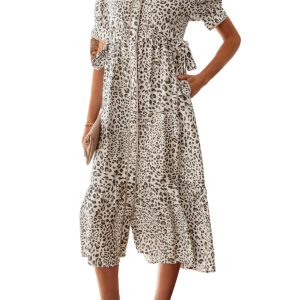 Women's Leopard Print Midi Dress – Button Front Short Sleeve A-Line Shift Dress for Summer Vacation - Main View