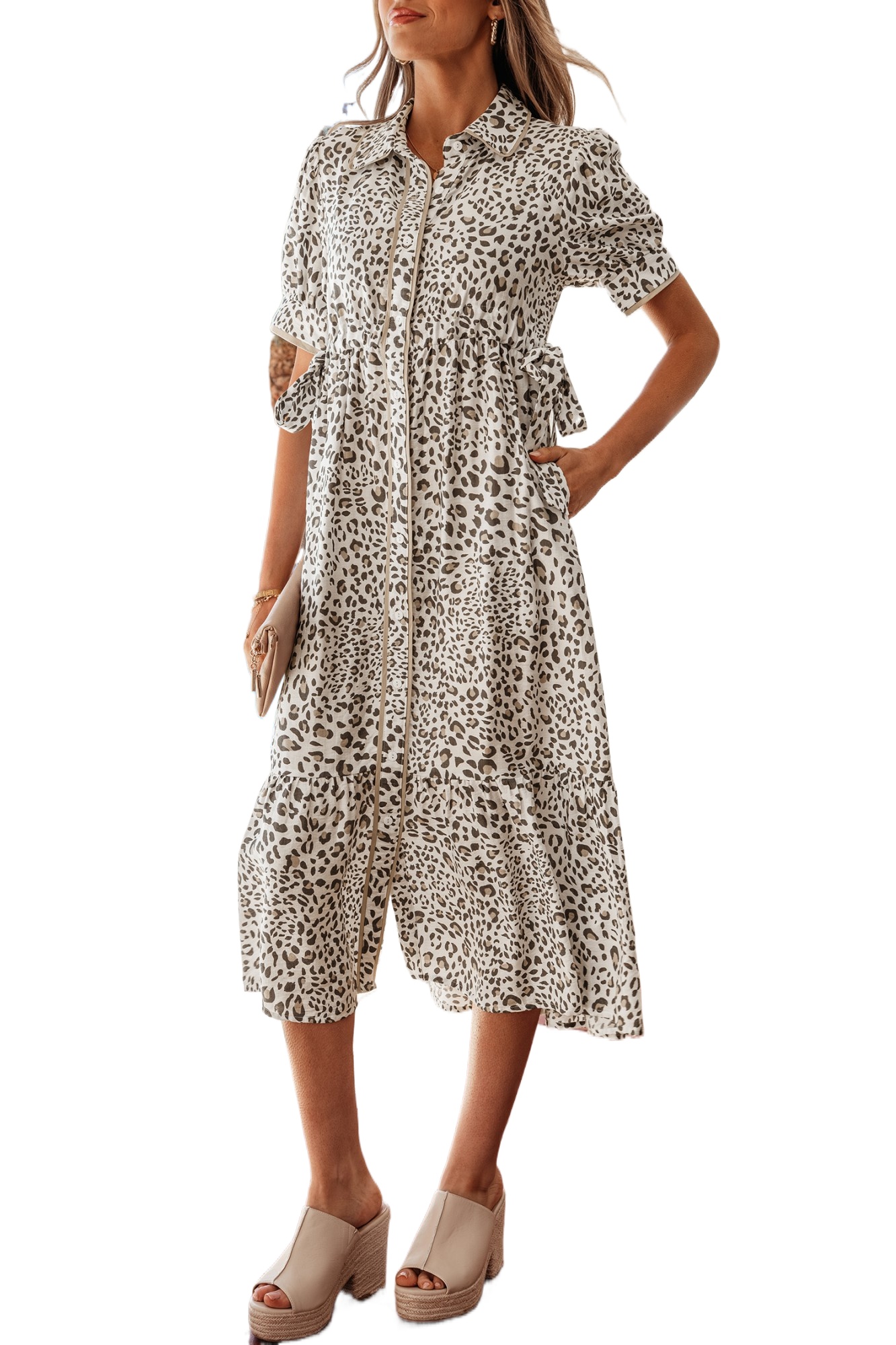 Women's Leopard Print Midi Dress – Button Front Short Sleeve A-Line Shift Dress for Summer Vacation - Main View Women's Leopard Print Midi Dress – Button Front Short Sleeve A-Line Shift Dress for Summer Vacation - Main View