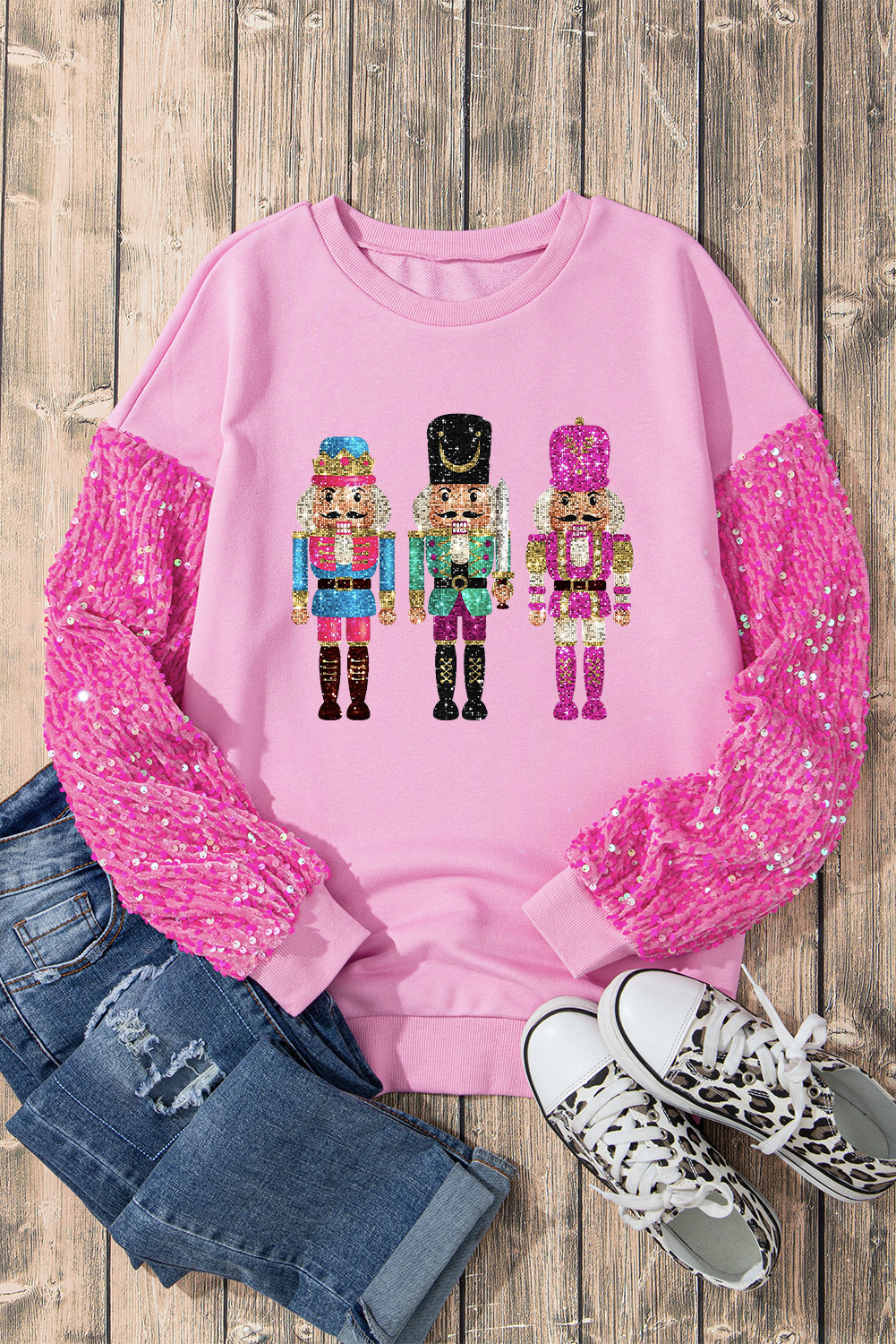 Women's Top, Pink Nutcracker, Christmas Top, Sequin Sleeves, Drop Shoulder, Long Sleeve, Casual Wear, Festive Apparel, Holiday Fashion, Relaxed Fit, Round Neck, Winter Style, Graphic Tee - Detail View 4 Women's Top, Pink Nutcracker, Christmas Top, Sequin Sleeves, Drop Shoulder, Long Sleeve, Casual Wear, Festive Apparel, Holiday Fashion, Relaxed Fit, Round Neck, Winter Style, Graphic Tee - Detail View 4