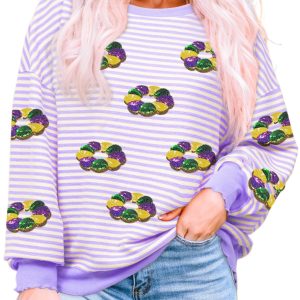 Women's Purple Stripe Sequin Doughnut Graphic Long Sleeve Mardi Gras Top - Main View