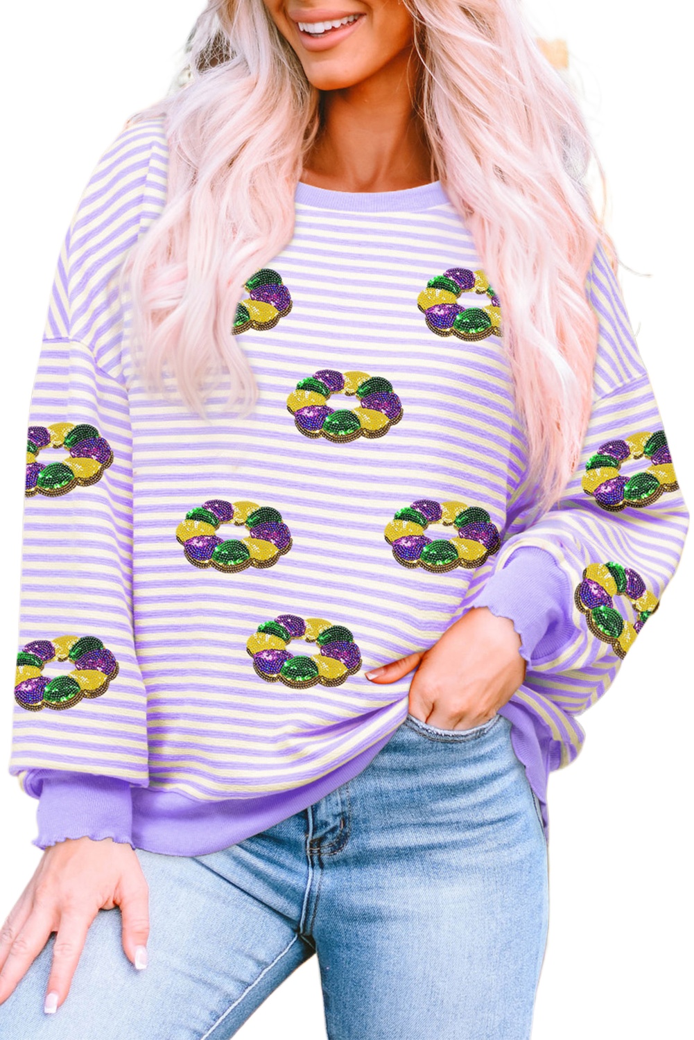 Women's Purple Stripe Sequin Doughnut Graphic Long Sleeve Mardi Gras Top - Main View Women's Purple Stripe Sequin Doughnut Graphic Long Sleeve Mardi Gras Top - Main View