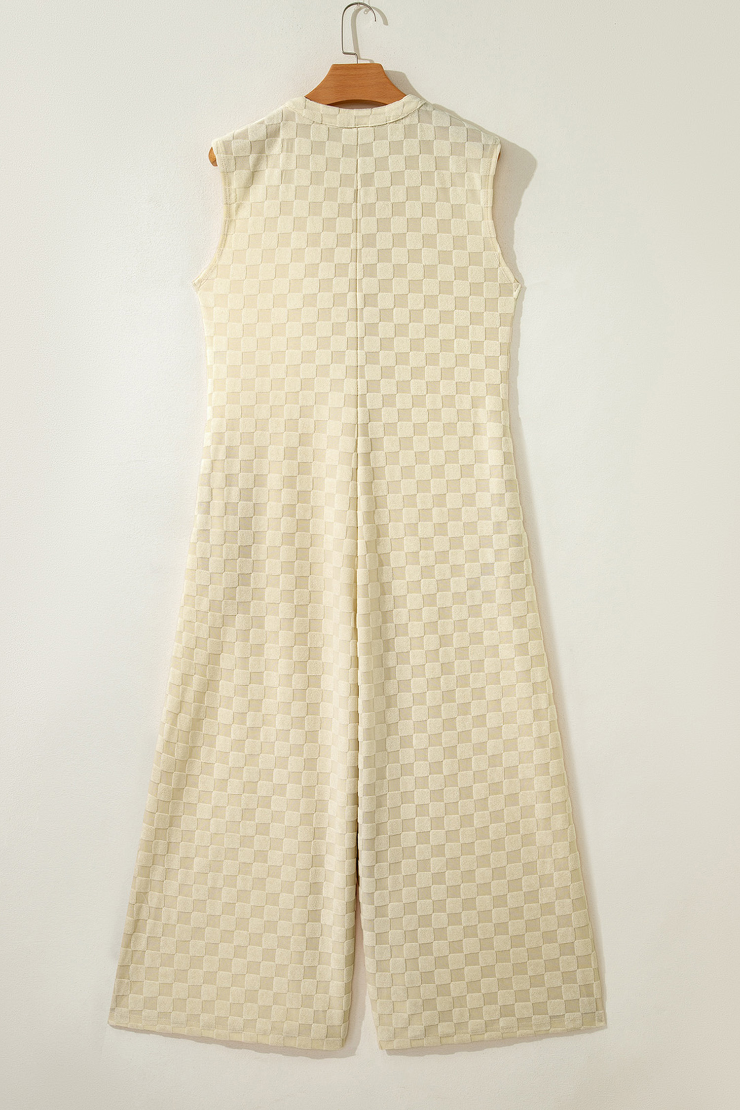 Casual White Wide Leg Jumpsuit for Women – Sleeveless Textured One-Piece with Button Details - Detail View 5 Casual White Wide Leg Jumpsuit for Women – Sleeveless Textured One-Piece with Button Details - Detail View 5