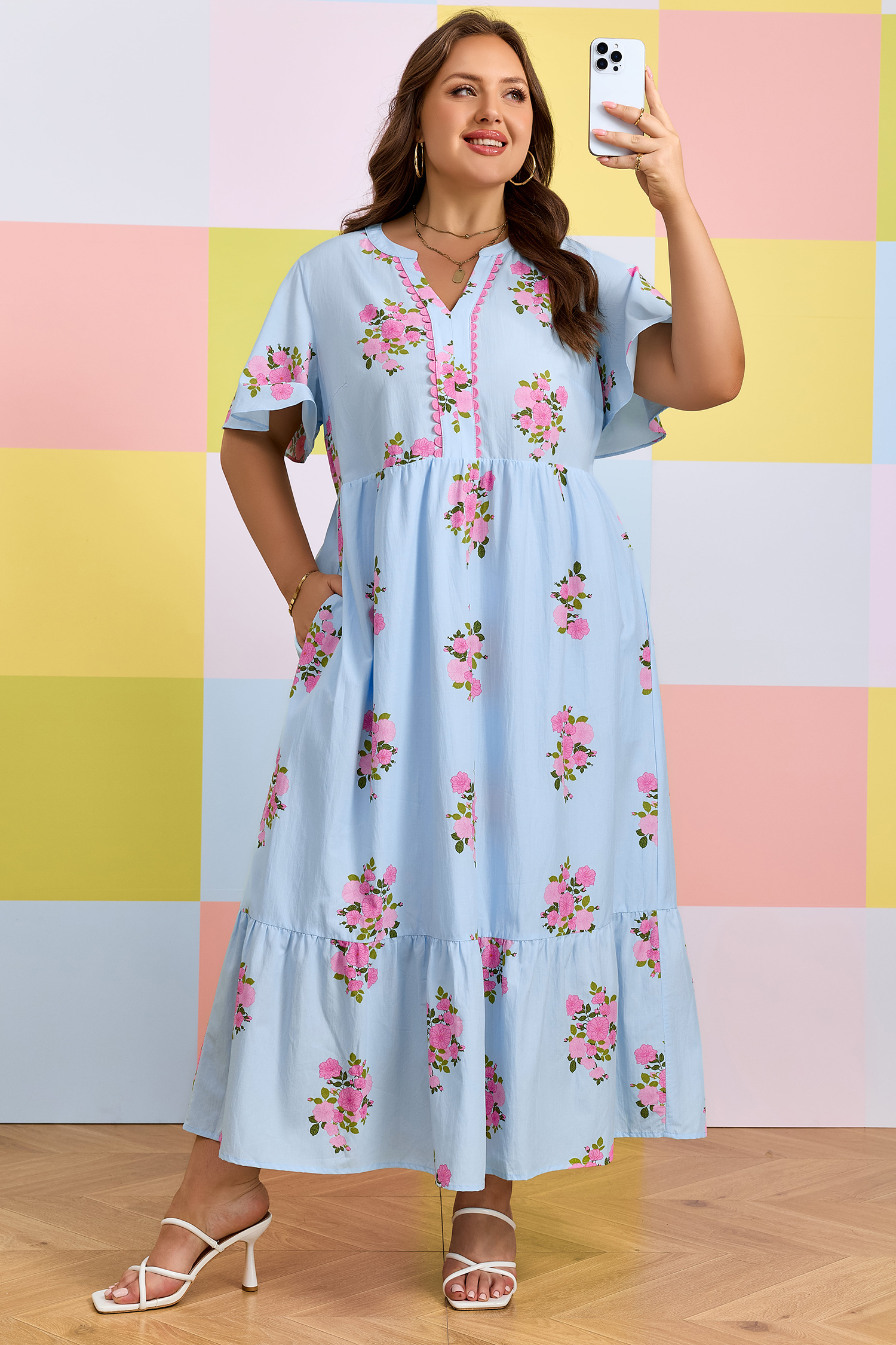 Women's Southern Belle Floral Maxi Dress – Sky Blue V-Neck Short Sleeve Long Dress for Easter & Holidays - Detail View 18 Women's Southern Belle Floral Maxi Dress – Sky Blue V-Neck Short Sleeve Long Dress for Easter & Holidays - Detail View 18