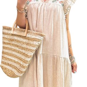 Women's Jet Stream Linen Embroidery Split Neck Short Dress with Pom Pom Ruffle Sleeves - Main View