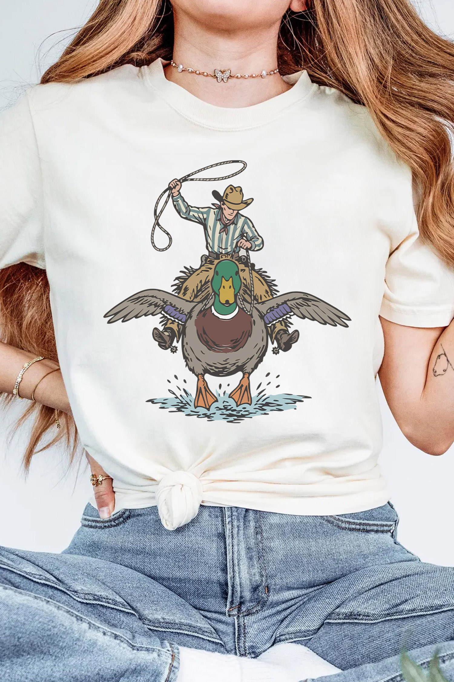 Western Cowboy Duck Print Tee, Women's White Graphic Top - Detail View 5 Western Cowboy Duck Print Tee, Women's White Graphic Top - Detail View 5
