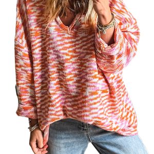 Women's Orange Vibrant Abstract Print Drop Shoulder V Neck Oversized Sweater - Main View