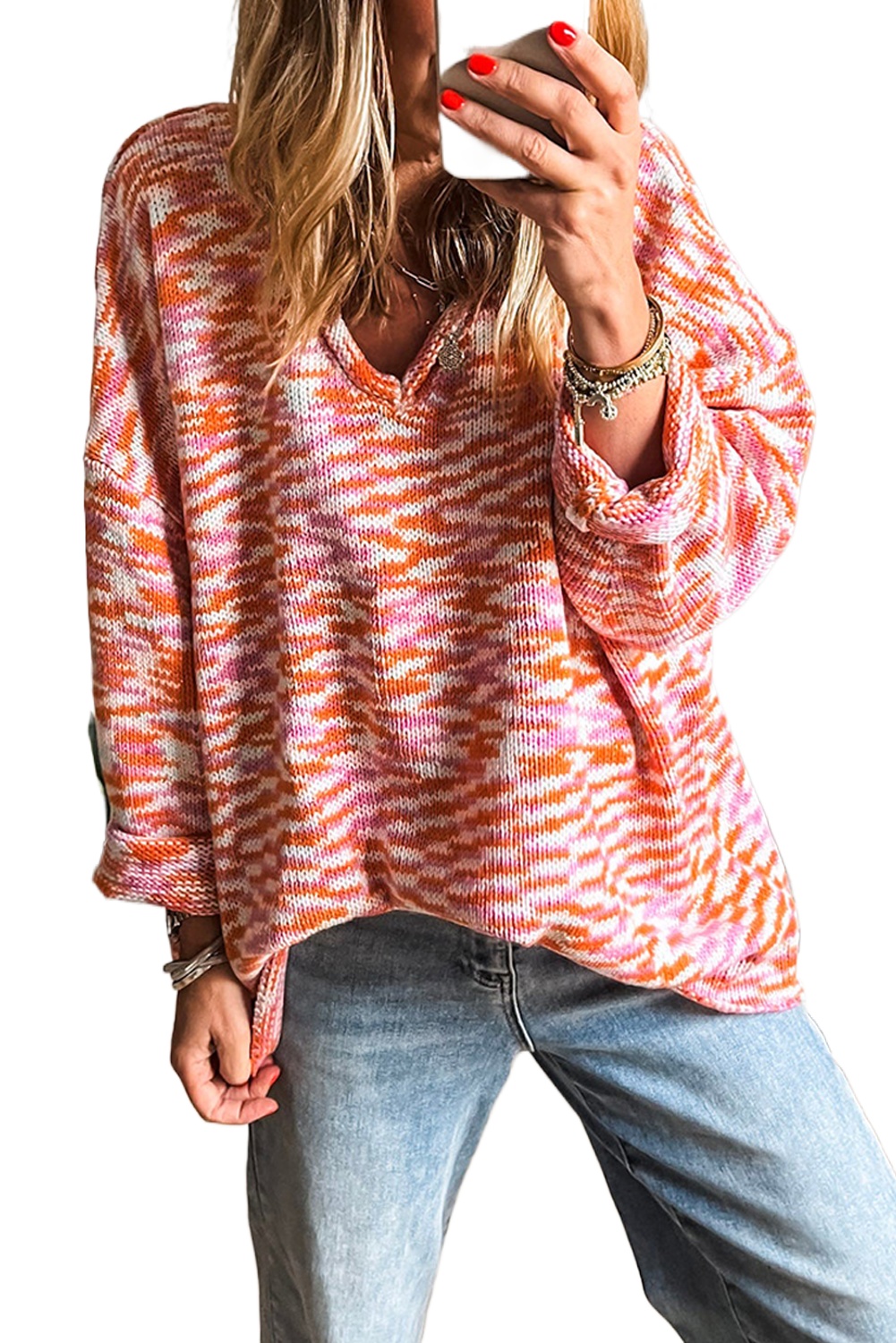 Women's Orange Vibrant Abstract Print Drop Shoulder V Neck Oversized Sweater - Main View Women's Orange Vibrant Abstract Print Drop Shoulder V Neck Oversized Sweater - Main View