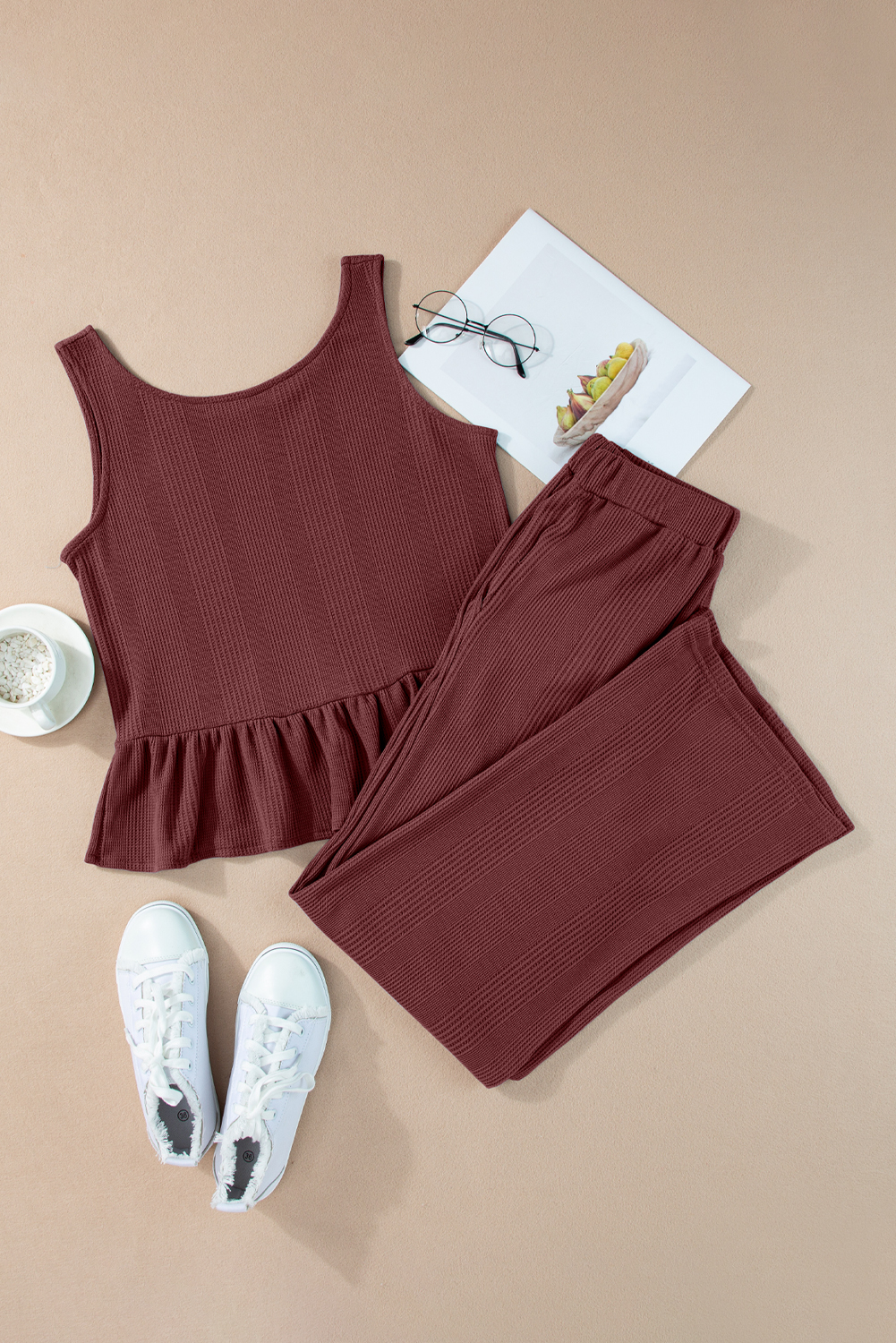 Stylish Women's Two Piece Set: Sleeveless Ruffle Tank and Wide Leg Pants in Red Dahlia - Detail View 10 Stylish Women's Two Piece Set: Sleeveless Ruffle Tank and Wide Leg Pants in Red Dahlia - Detail View 10