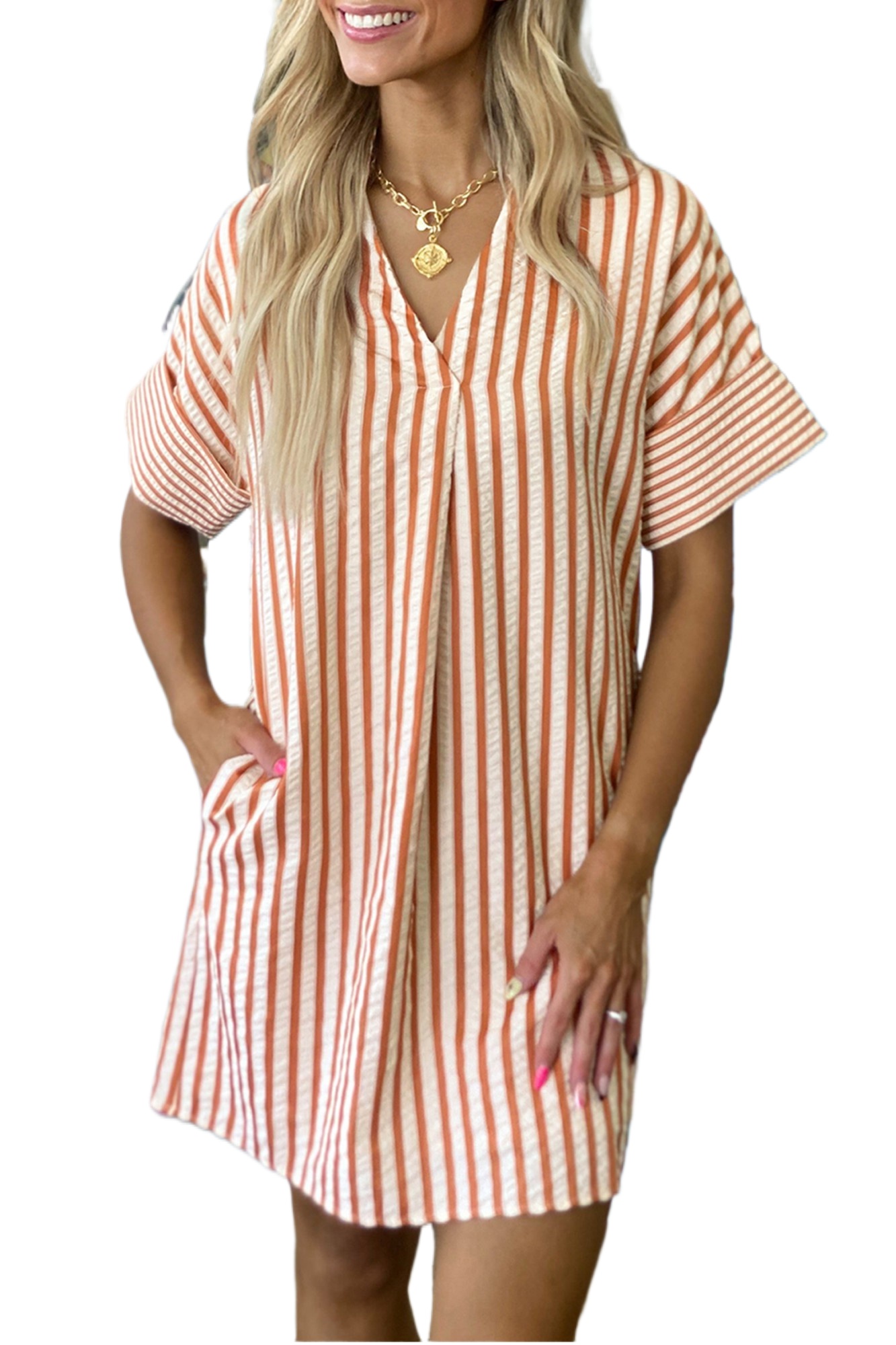 Women's Brown Stripe V Neck Shift Mini Dress – Casual Summer Style with Turn-up Cuffs - Main View Women's Brown Stripe V Neck Shift Mini Dress – Casual Summer Style with Turn-up Cuffs - Main View