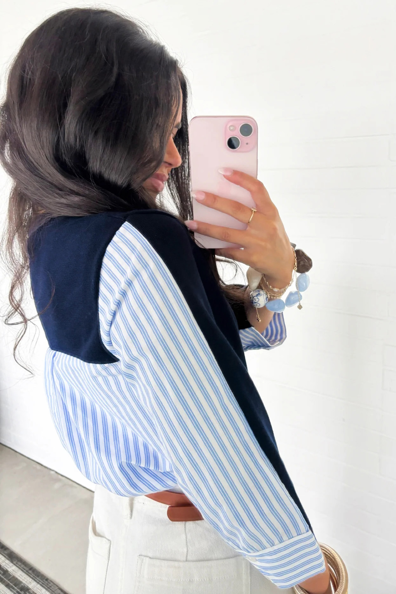 Navy Blue Striped Knit Top, Women's Long Sleeve Shift Style - Detail View 2 Navy Blue Striped Knit Top, Women's Long Sleeve Shift Style - Detail View 2