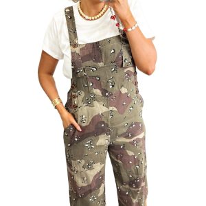 Women's Camo and Leopard Print Denim Overalls – Loose Fit Cropped Jumpsuit for Daily Wear - Main View