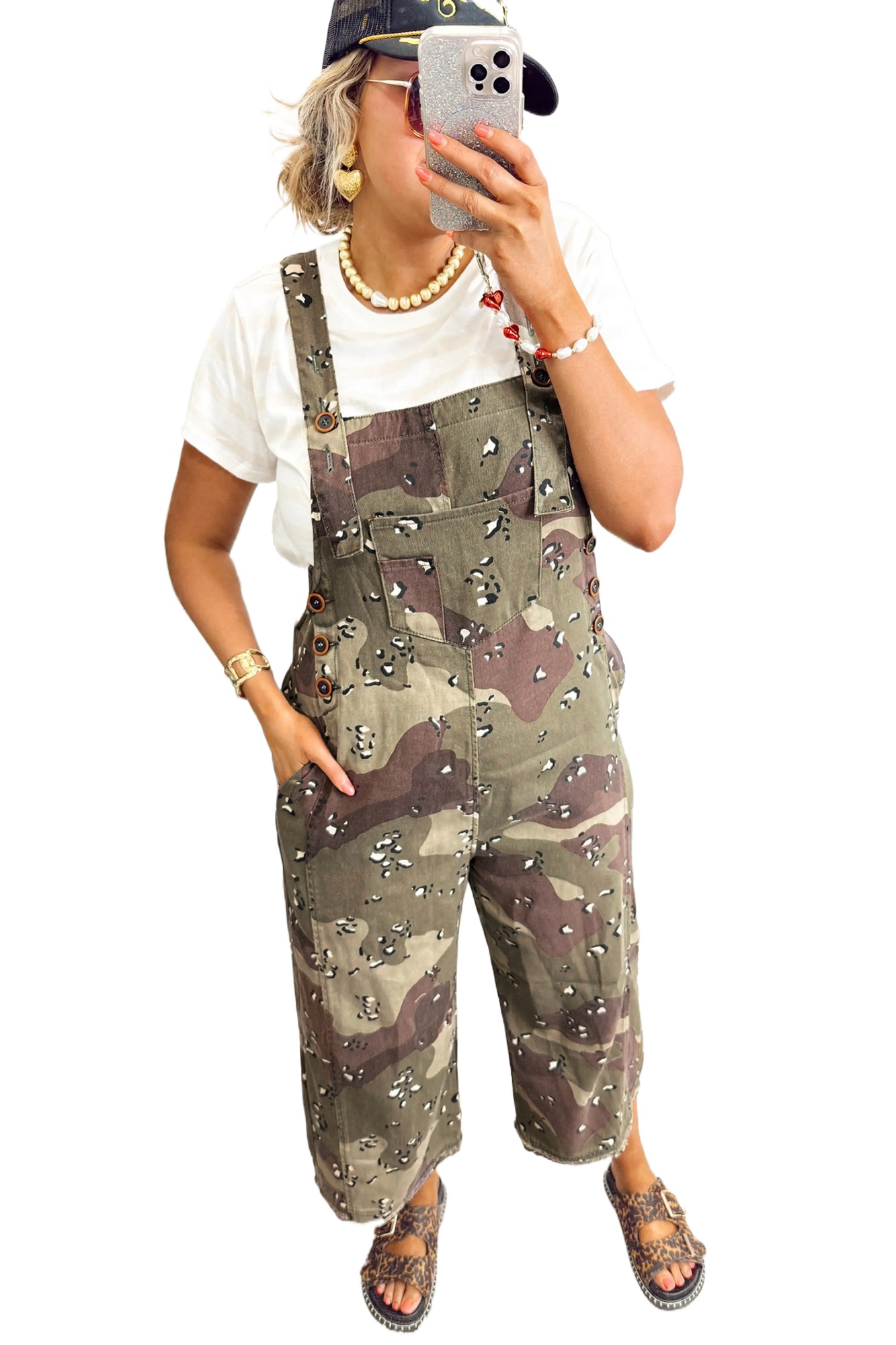 Women's Camo and Leopard Print Denim Overalls – Loose Fit Cropped Jumpsuit for Daily Wear - Main View Women's Camo and Leopard Print Denim Overalls – Loose Fit Cropped Jumpsuit for Daily Wear - Main View