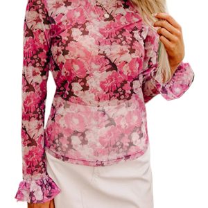 Elegant Rose Floral Mesh Blouse with Flounce Sleeves and Mock Neck - Main View