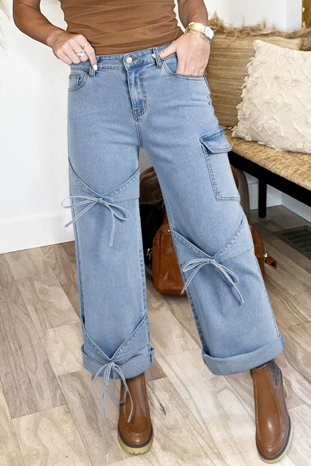 Stylish Medium Wash Cargo Jeans for Women - Bowknot Detail & Wide Leg - Detail View 2 Stylish Medium Wash Cargo Jeans for Women - Bowknot Detail & Wide Leg - Detail View 2