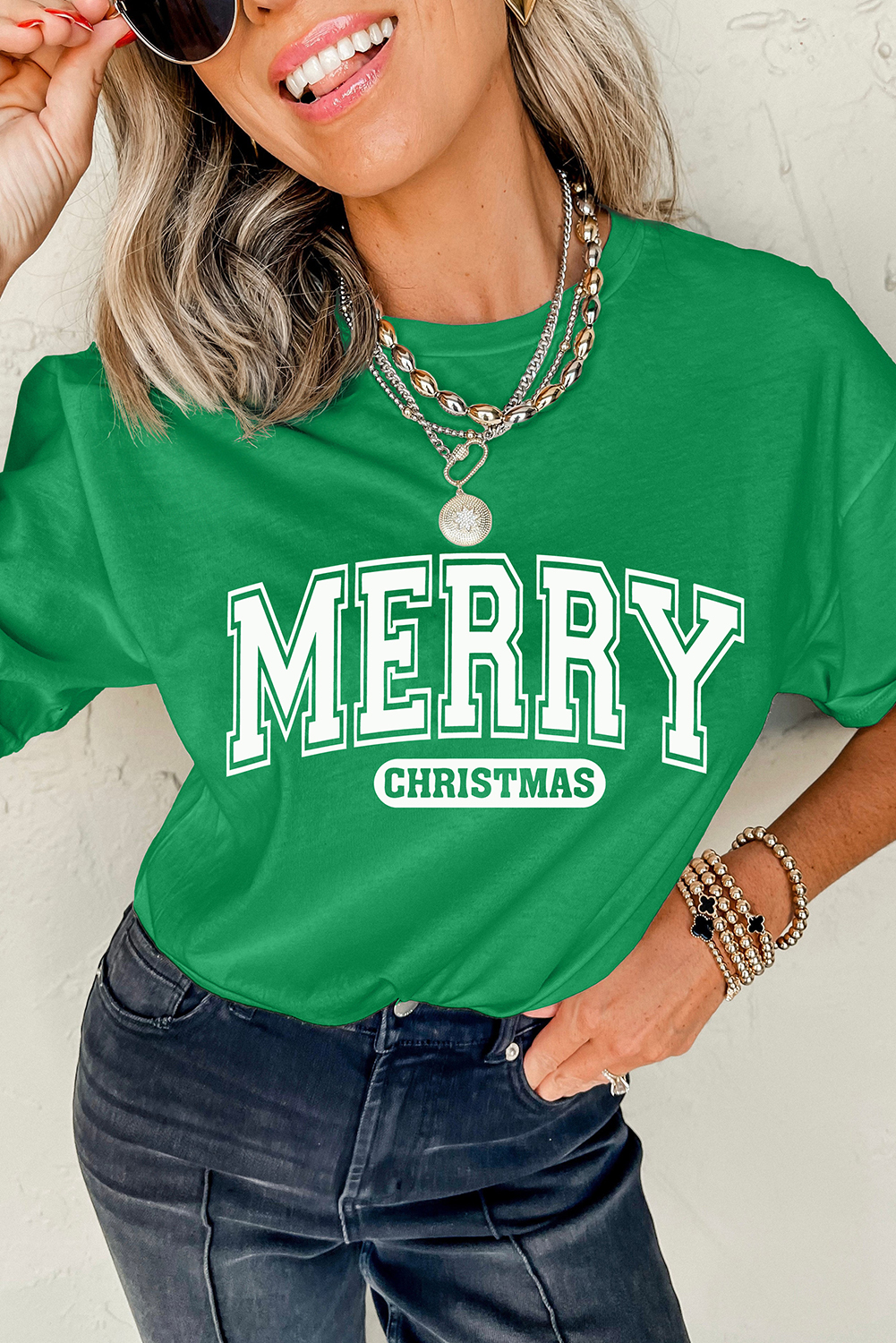 Casual Short Sleeve Round Neck Tee - Bright Green with Christmas Slogan - Detail View 2 Casual Short Sleeve Round Neck Tee - Bright Green with Christmas Slogan - Detail View 2